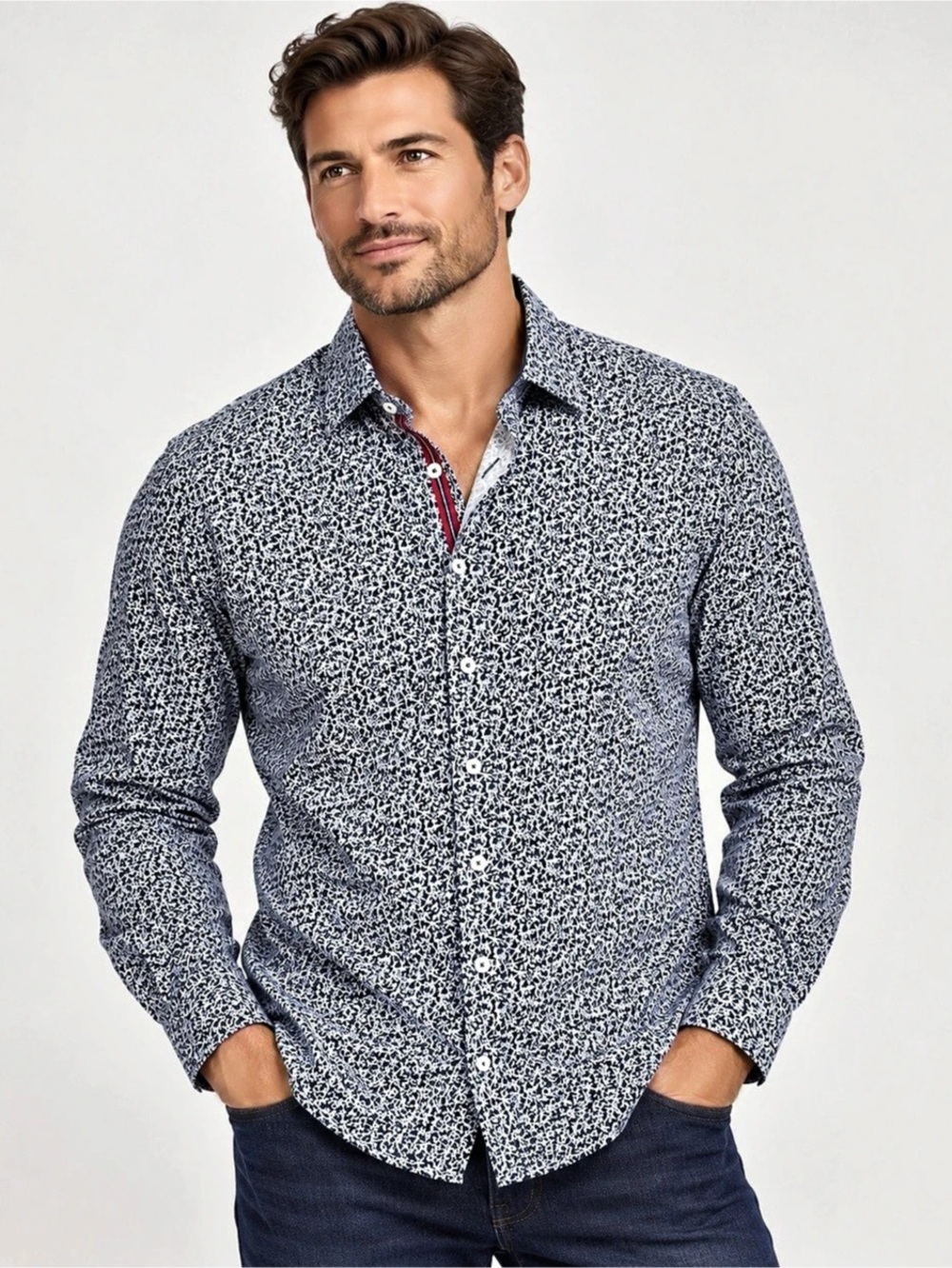 Bugatchi Classic fit Long Sleeve Button Down Shirt Blue & White XL